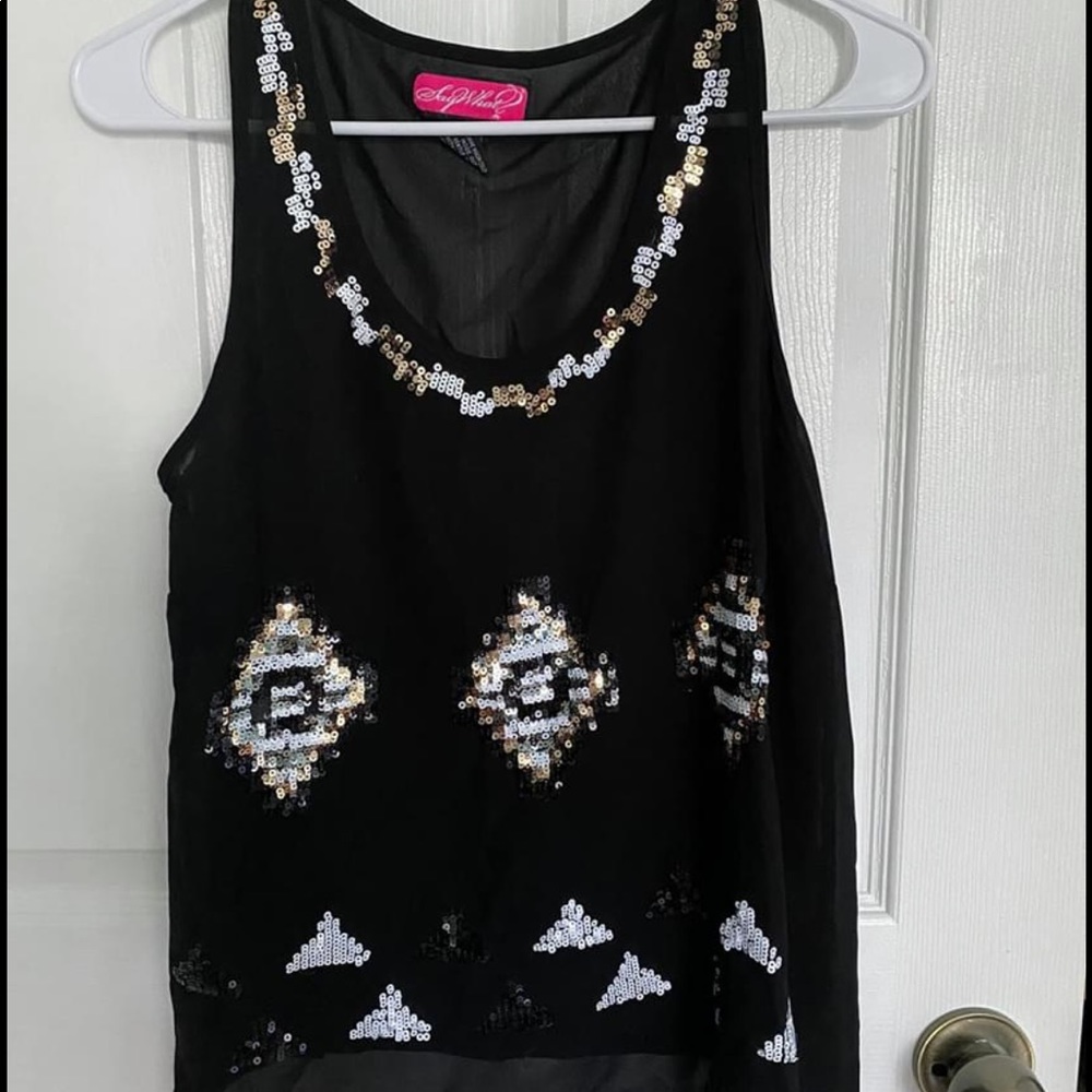 Black, white, and gold sequence tank top blouse